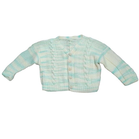 Handmade 0–6M Cable Knit Baby Cardigan Sweater Pastel Green Yellow White Vintage - Picture 1 of 7